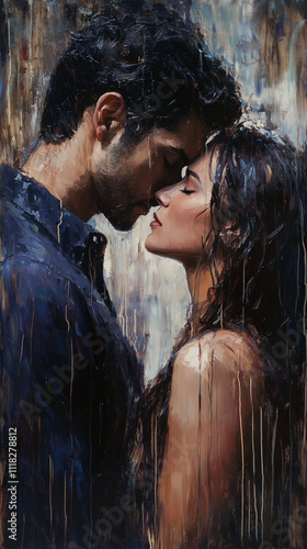 Romantic couple embracing in rain, oil painting style