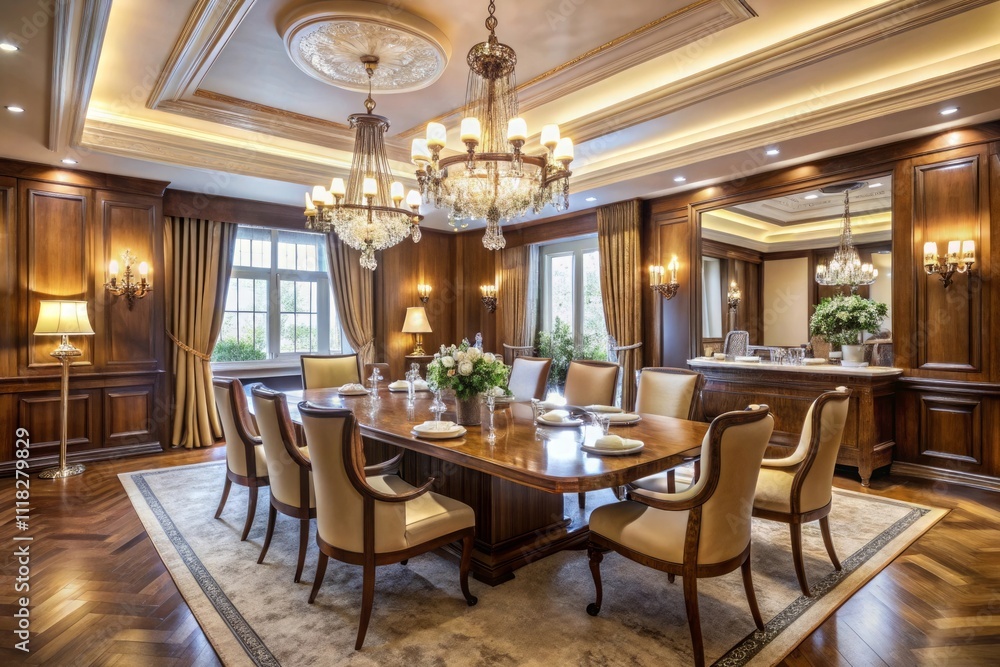 Obraz premium Ornate dining room with an opulent chandelier and elegant furniture