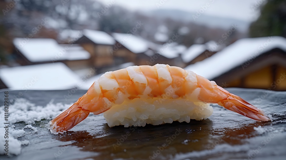 Close-up of a single shrimp nigiri sushi piece on a dark plate with a snowy village in the background. Close-up of a single shrimp nigiri sushi piece on a dark plate with a snowy village in the background.