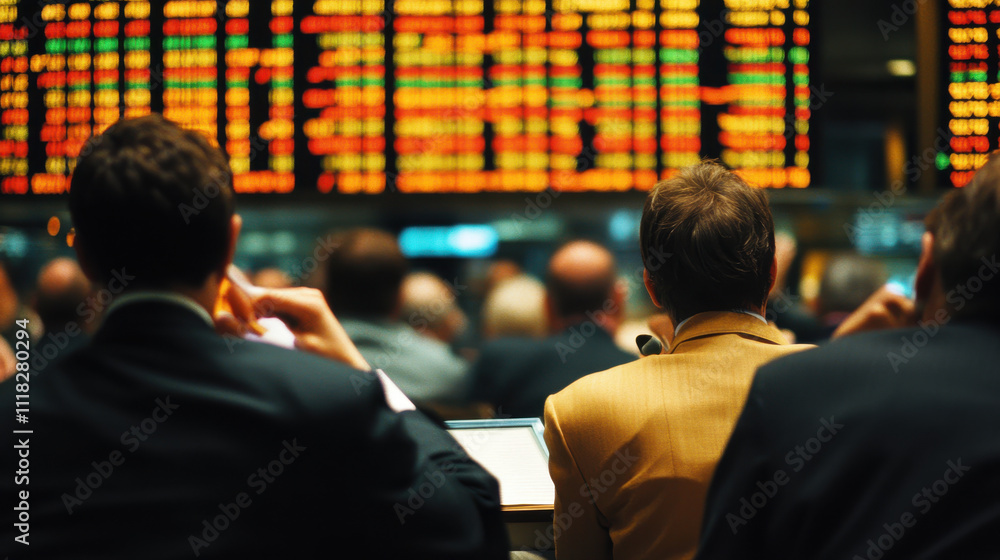 Engaged audience at stock market seminar, focused on trading data Engaged audience at stock market seminar, focused on trading data