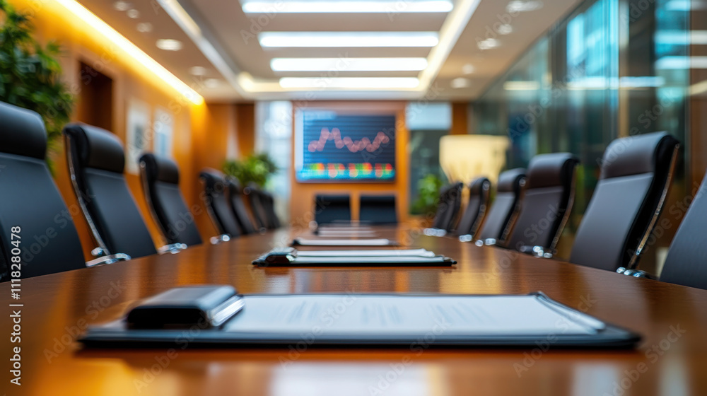 Boardroom meeting with charts and documents on table Boardroom meeting with charts and documents on table