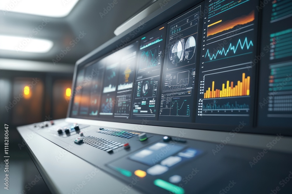 Futuristic control panel with multiple screens displaying data analytics and graphs. Futuristic control panel with multiple screens displaying data analytics and graphs.