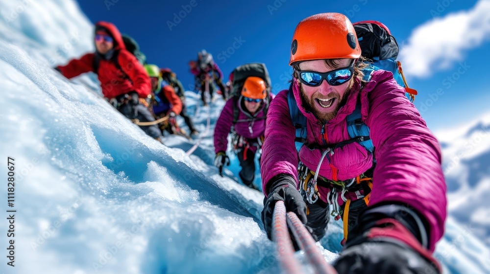 A vibrant scene of mountaineers conquering a snowy slope in bright sunlight, capturing the essence of teamwork and determination as they navigate the challenges of high-altitude climbing. A vibrant scene of mountaineers conquering a snowy slope in bright sunlight, capturing the essence of teamwork and determination as they navigate the challenges of high-altitude climbing.