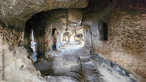 Interior view of chambers and chapels inside the Kirkinler Byzantine Rock Monastery in Iscehisar district of Afyonkarahisar province in the western Anatolia in Turkey. photo