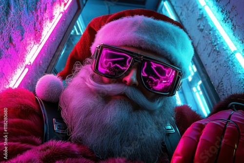 Santa delivering oversized floss reels to a snowcovered dental office, with glowing neon lights in the background, cyberpunk holiday style Christmas dentist concept.
