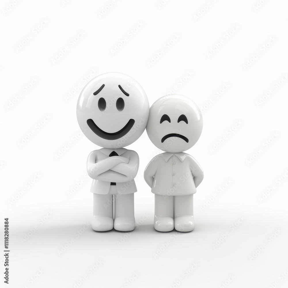 Depression and pessimism concept. Happy and unhappy character as symbols of mood and expression of happiness and sadness Depression and pessimism concept. Happy and unhappy character as symbols of mood and expression of happiness and sadness