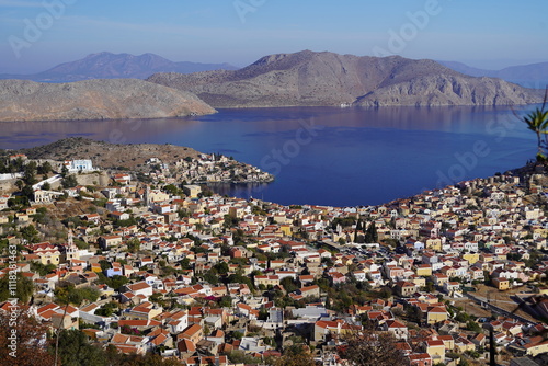 spectacular upper  view over symi village and pedi bay photo