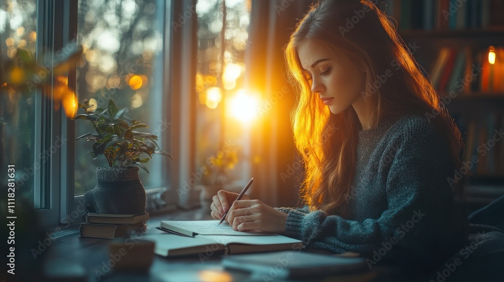 Fototapeta premium Young woman writing in notebook at sunset.