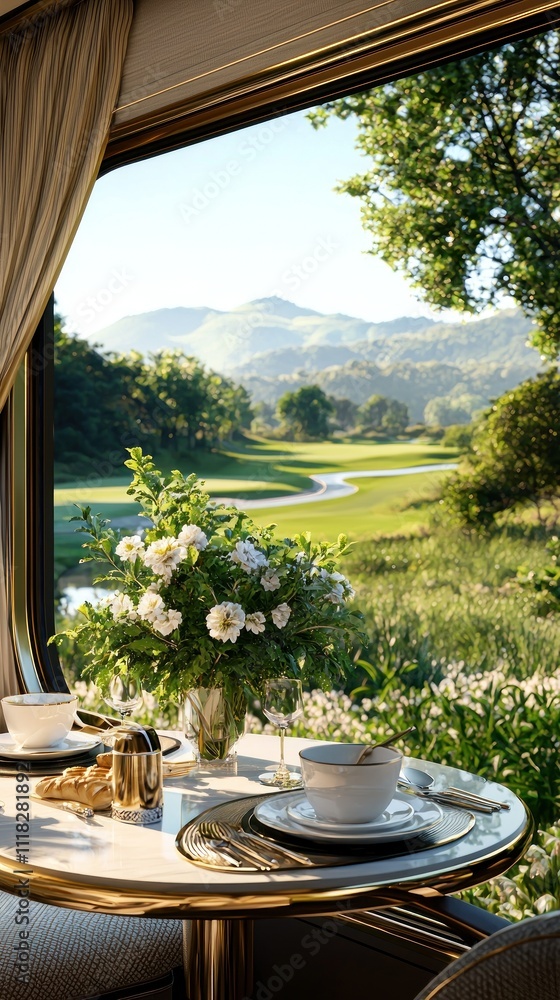 Fototapeta premium Luxurious train window view of scenic golf course landscape