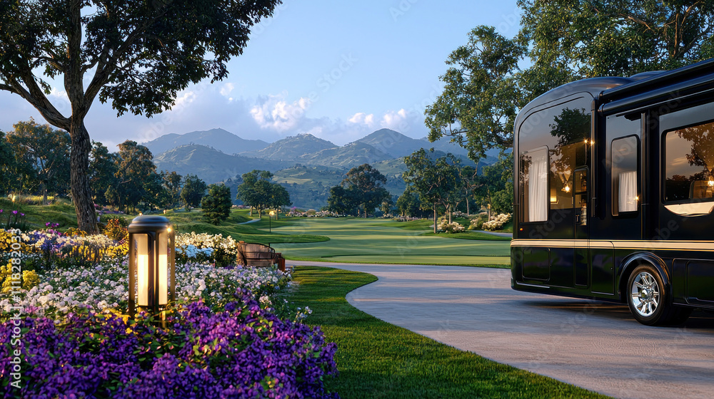 Fototapeta premium RV at scenic mountainous golf course with flowers