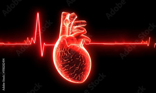 Glowing red human heart with EKG line.