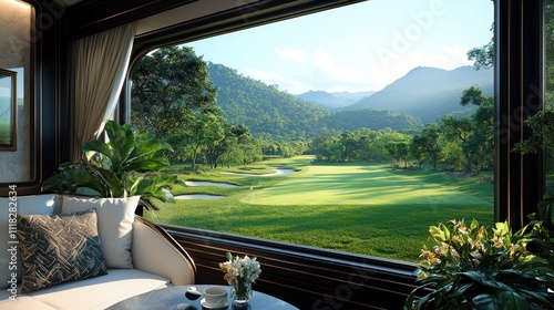 Luxurious lounge with expansive golf course view