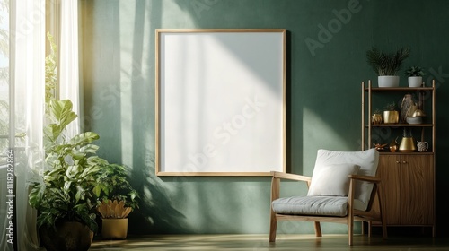Minimalist Living Room with a Green Wall and a Wooden Chair