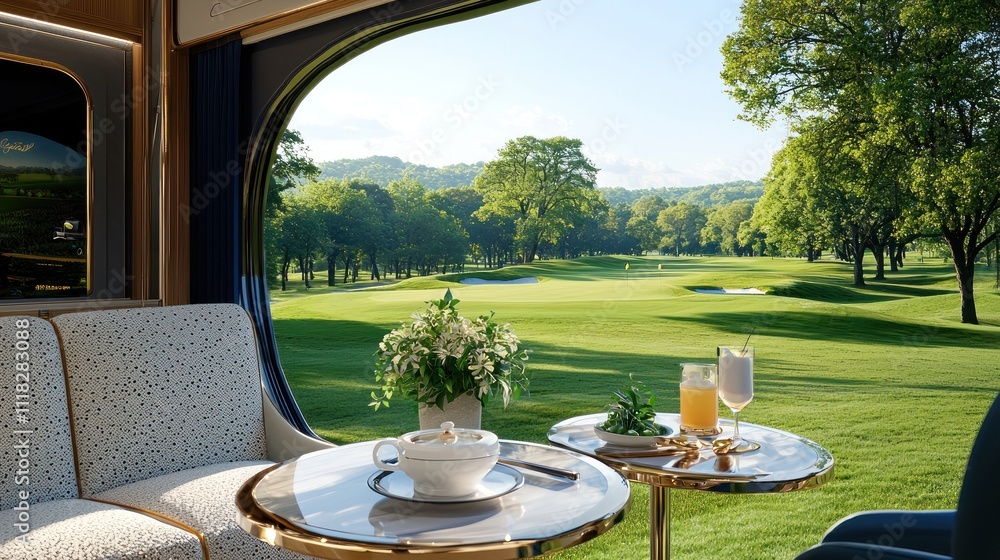 Fototapeta premium Elegant breakfast dining with expansive golf view