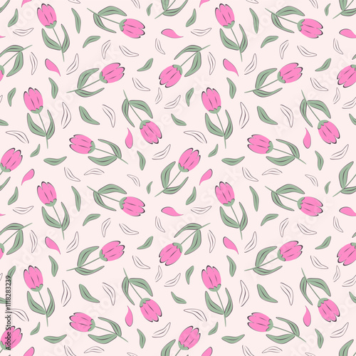 Vector illustration. Seamless pattern of delicate pink tulips on a pastel background, blooming flowers. Ditsy Cottagecore pattern. Printing on textiles, fabric design, sublimation, wrapping paper