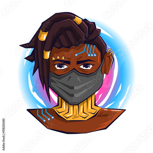 Avatar of a young African-American male cyberpunk with a metal mask, dreadlocks, microchip and spikes on his face against the backdrop of a meta-universe future vortex