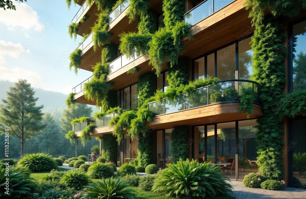 Fototapeta premium Modern eco-friendly building with vertical garden design. Tall structure made of wood. Green plants grow on building exterior. Balconies, windows visible. Landscaped area with greenery surrounds