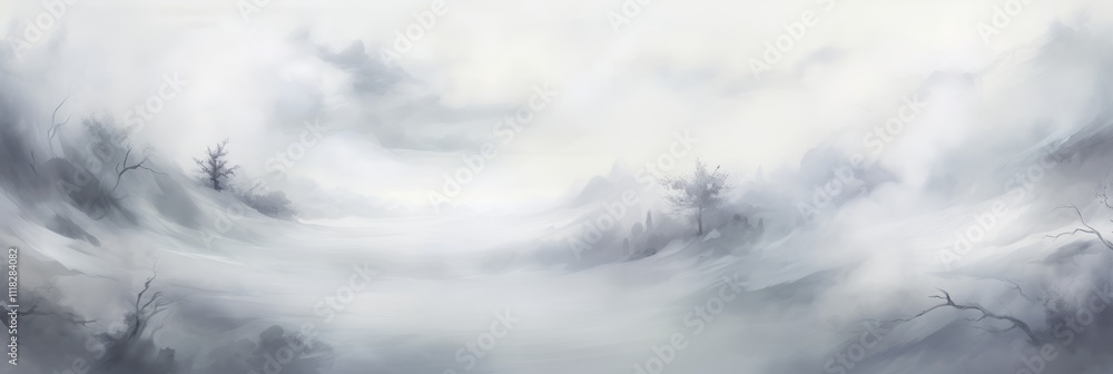 Fototapeta premium A Serene Landscape of Misty Mountains and Fog-Blanketed Trees in a Soft Winter Wonderland Capturing the Tranquil Harmony of Nature's Calm Essence and Subtle Beauty Amidst a Gentle, Ethereal Atmosphere