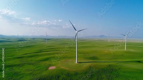 Expansive green field with multiple wind turbines under a clear blue sky, showcasing renewable energy and sustainable power generation.