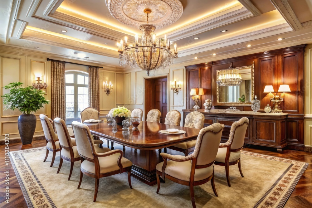 Fototapeta premium Ornate dining room with an opulent chandelier and elegant furniture