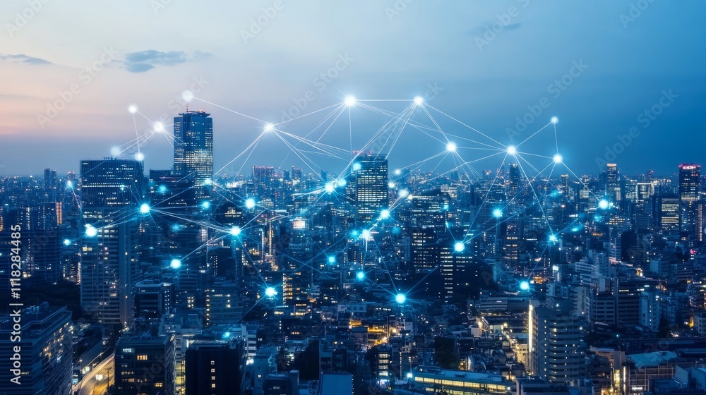 custom made wallpaper toronto digitalNight cityscape with glowing network connections illustrating digital infrastructure.