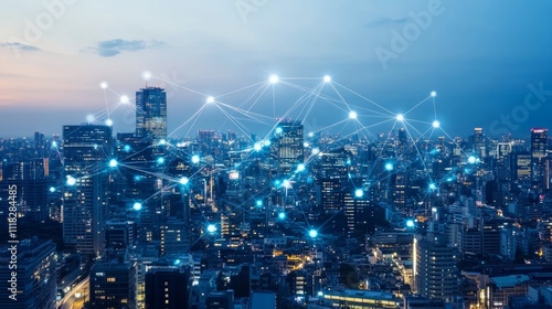 Night cityscape with glowing network connections illustrating digital infrastructure.