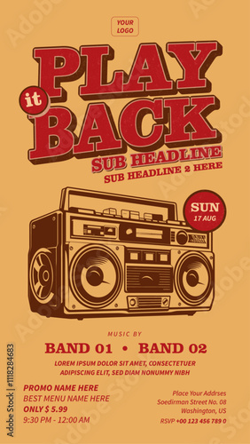 Retro Music Party Poster with Vintage Boombox Illustration