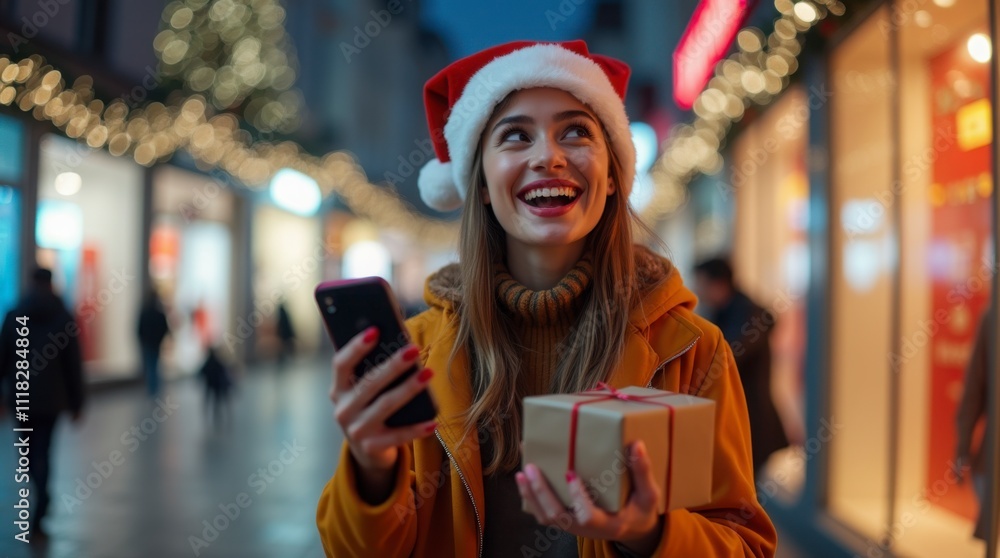 Cheerful Young Woman in Santa Hat with Holiday Gift and Smartphone at Christmas Mall Sale. Young Woman in Santa Hat Enjoying Holiday Shopping with Gift Box. Cheerful Young Woman in Santa Hat with Holiday Gift and Smartphone at Christmas Mall Sale. Young Woman in Santa Hat Enjoying Holiday Shopping with Gift Box.