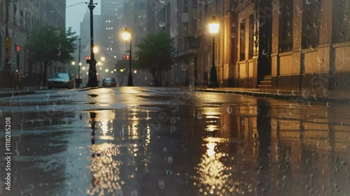 Urban street view from behind glass, smooth 4K loop virtual animation video background