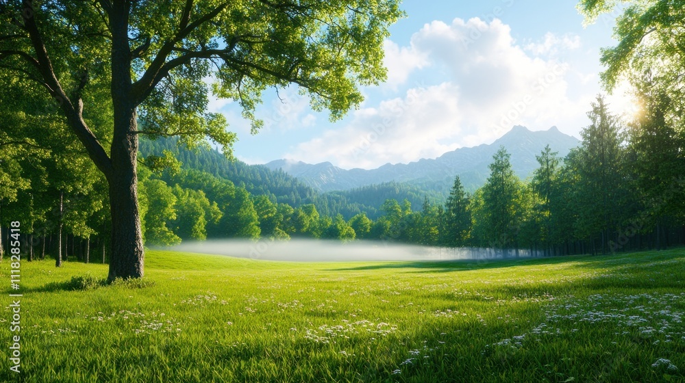 Obraz premium Open meadow with distant mountains and clear sky