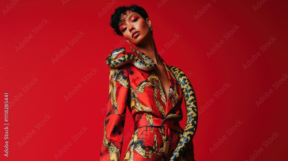 A fashionable individual showcases a bold jumpsuit embellished with intricate patterns, while a snake wraps elegantly around their arm, set against a vivid red background A fashionable individual showcases a bold jumpsuit embellished with intricate patterns, while a snake wraps elegantly around their arm, set against a vivid red background