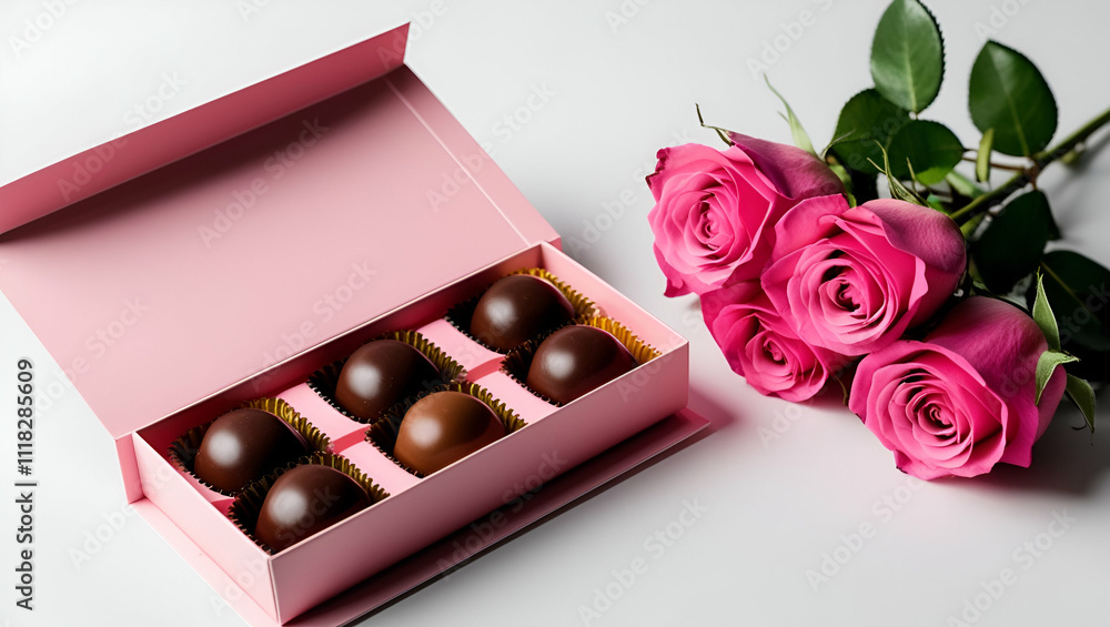 Box of chocolates with flower bouquet abstract image, Chocolate Candies and Gift Box life style and sweet gift item concept Box of chocolates with flower bouquet abstract image, Chocolate Candies and Gift Box life style and sweet gift item concept