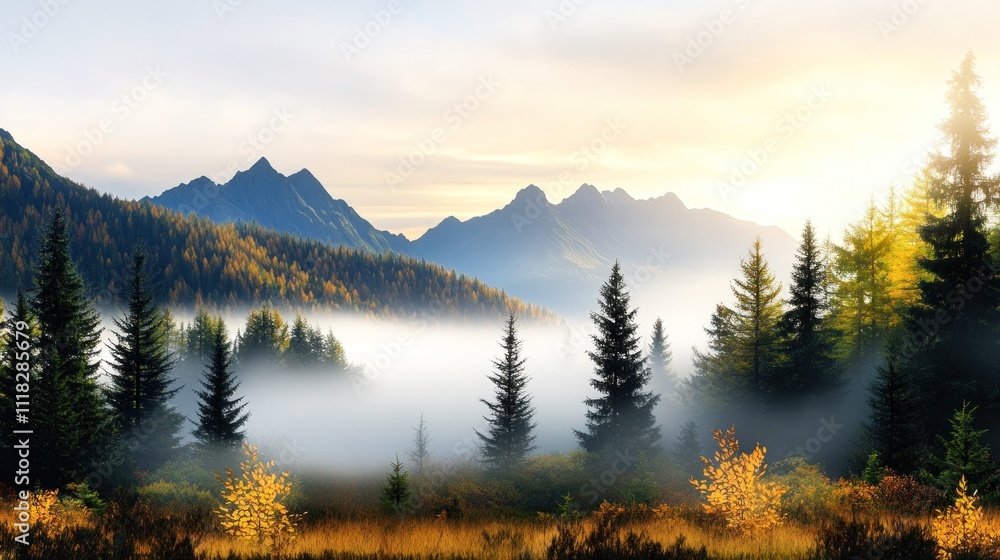 Misty morning in mountain ranges with evergreen trees Misty morning in mountain ranges with evergreen trees