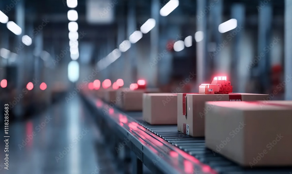 Automated sorting system with packages on a conveyor belt. Automated sorting system with packages on a conveyor belt.
