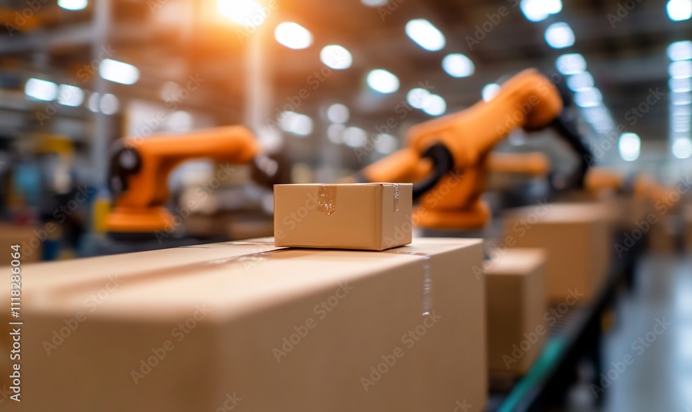 Automation in a warehouse with robotic arms and packages. Automation in a warehouse with robotic arms and packages.