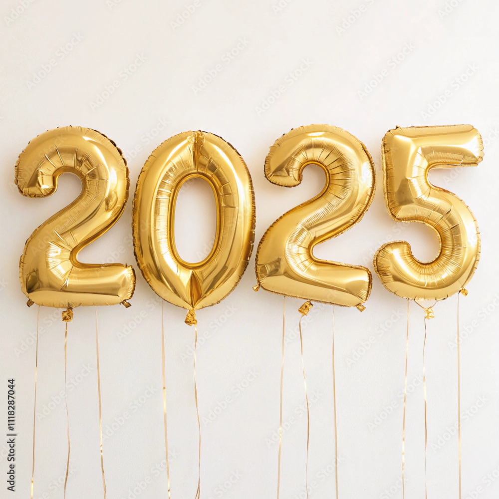 Golden foil balloons forming the numbers 2025 on a light background, symbolizing celebration and New Year excitement. Golden foil balloons forming the numbers 2025 on a light background, symbolizing celebration and New Year excitement.