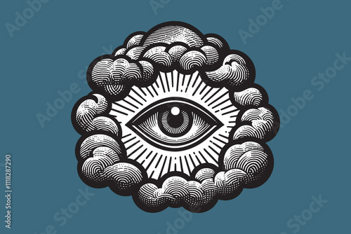 Vintage illustration of an all-seeing eye surrounded by clouds and radiant beams, symbolizing enlightenment, mysticism, and divine presence. Detailed black-and-white engraving style. Isolated, cut out