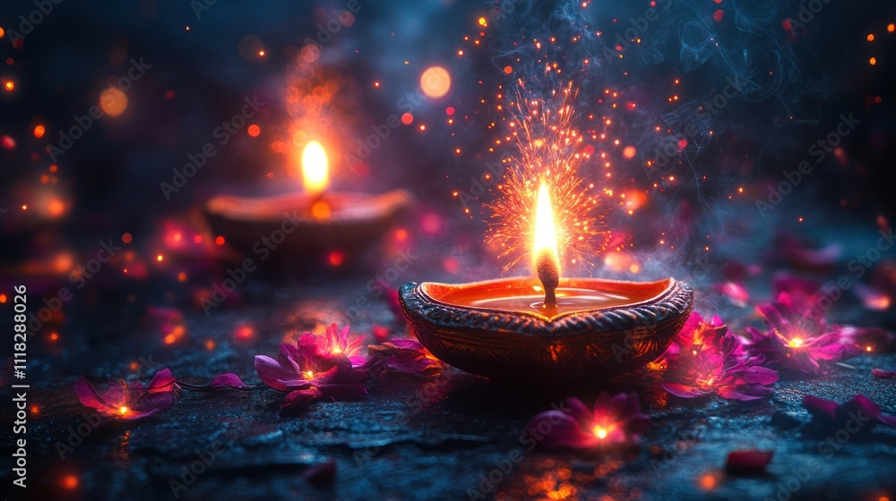 Sparkling Diwali oil lamps with flowers. Sparkling Diwali oil lamps with flowers.