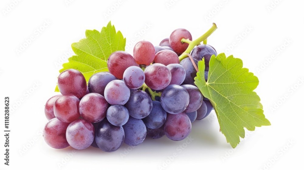 Fototapeta premium A Cluster of Red and Blue Grapes with Green Leaves, White Background.