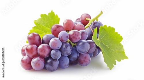 A Cluster of Red and Blue Grapes with Green Leaves, White Background.