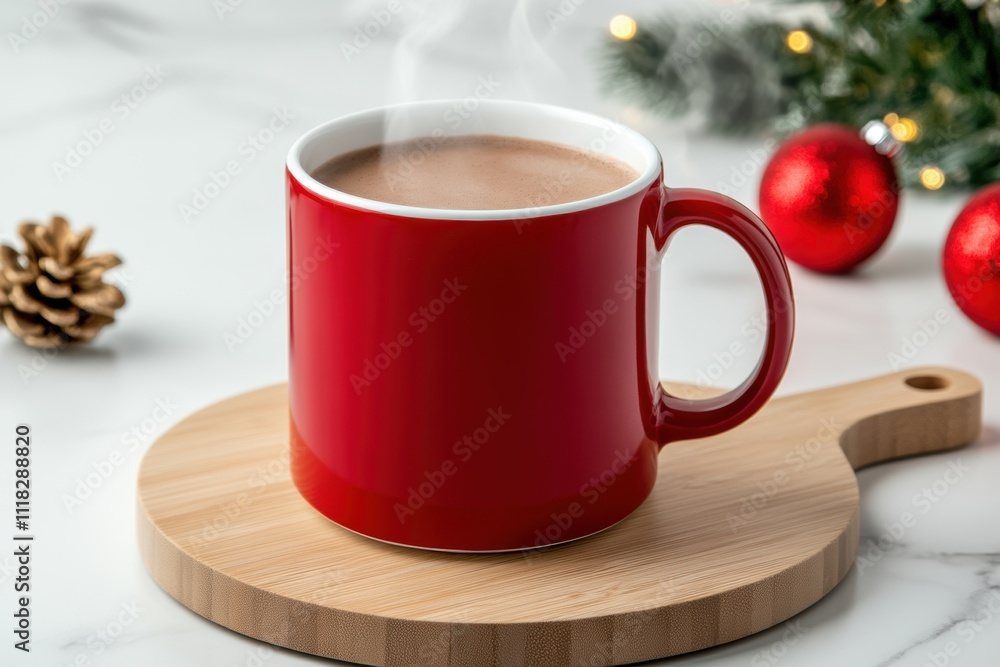 Fototapeta premium festive holiday drink, a cup of peppermint hot chocolate steaming on a wooden board in a modern kitchen, surrounded by festive christmas decor