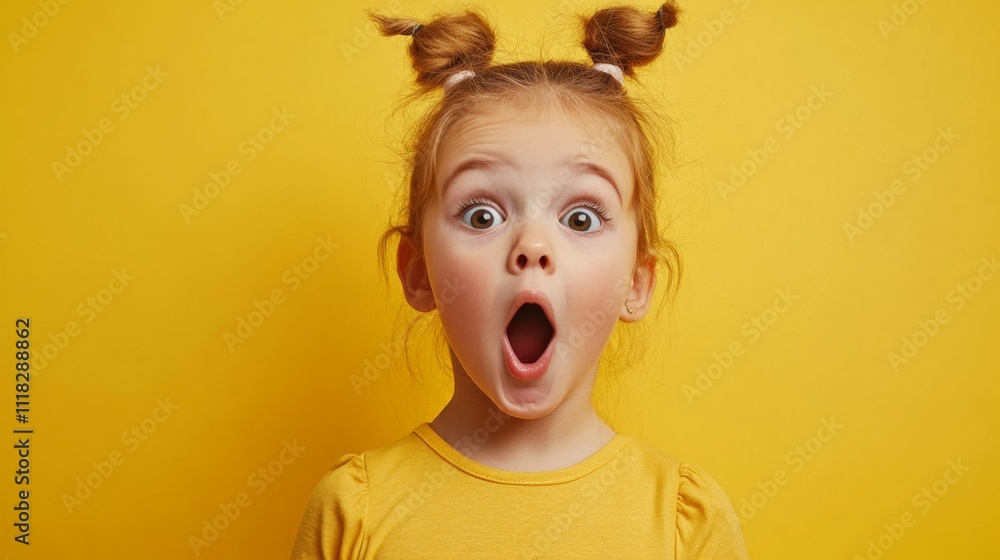 Funny little girl in Easter bunny ears on a yellow background. The child opened his mouth in surprise and looks at the empty space Funny little girl in Easter bunny ears on a yellow background. The child opened his mouth in surprise and looks at the empty space