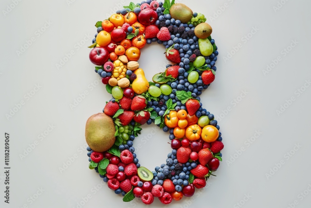 A variety of fruits are arranged in the shape of the number eight on a white background. Concept is vibrant fruit arrangement. For creative design ideas.