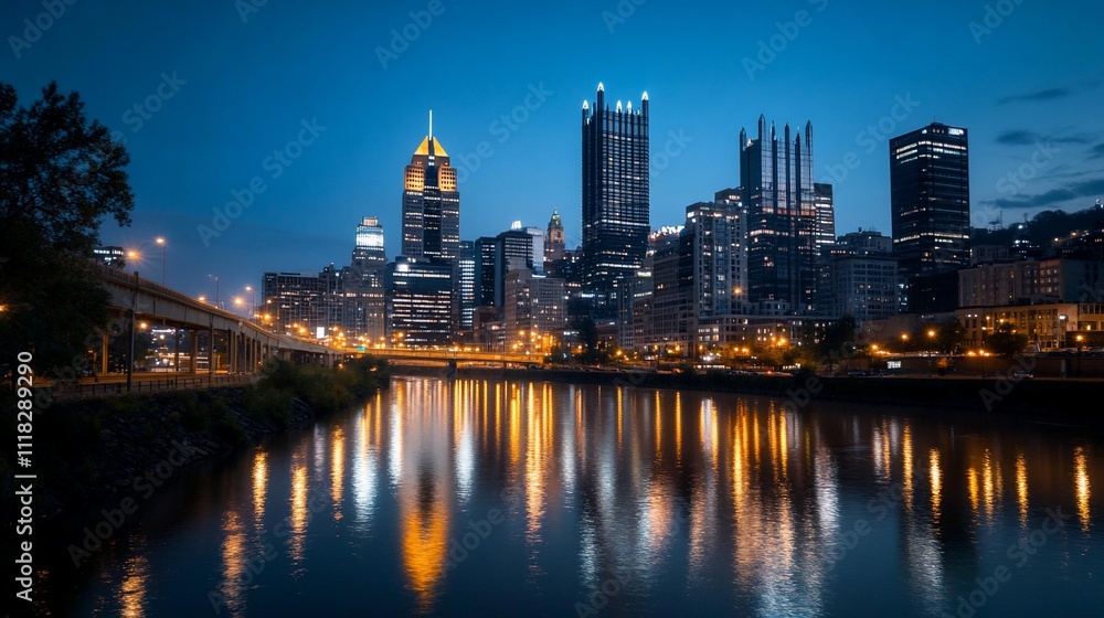 City skyline at dusk reflecting on a river. City skyline at dusk reflecting on a river.