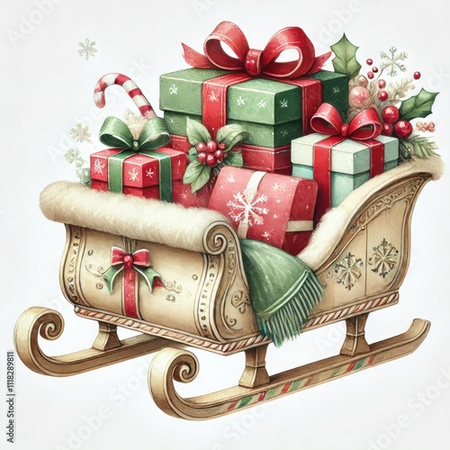 A festive Christmas sleigh filled with colorful presents, embodying holiday cheer and seasonal spirit.