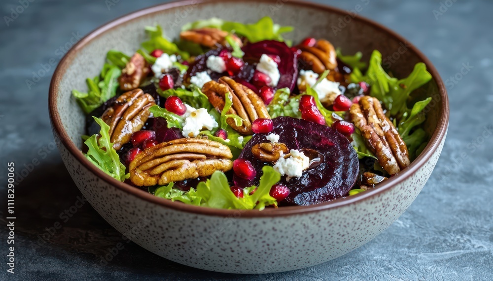 A colorful, festive salad bowl featuring roasted beets, pomegranate seeds, and candied pecans, styled in a sleek, modern ceramic bowl, with a sprinkling of feta cheese and balsamic reduction A colorful, festive salad bowl featuring roasted beets, pomegranate seeds, and candied pecans, styled in a sleek, modern ceramic bowl, with a sprinkling of feta cheese and balsamic reduction