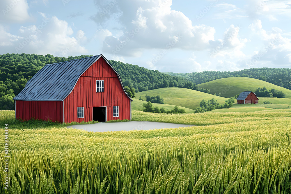 Red barn in a idyllic farmland landscape with rolling hills and green fields under a bright sky. Red barn in a idyllic farmland landscape with rolling hills and green fields under a bright sky.