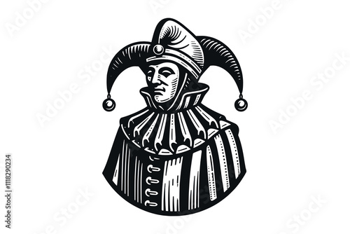  Medieval jester. Vintage engraving vector illustration. Logo, emblem, woodcut. Black and white line art