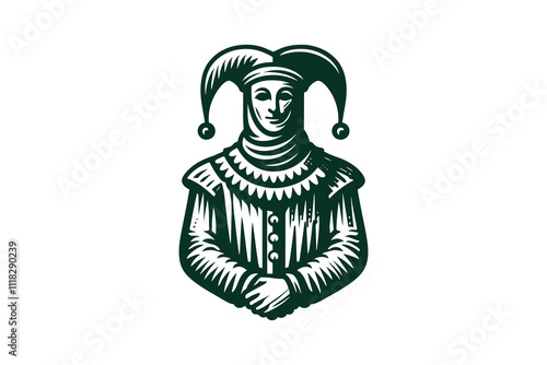  Medieval jester. Vintage engraving vector illustration. Logo, emblem, woodcut. Black and white line art