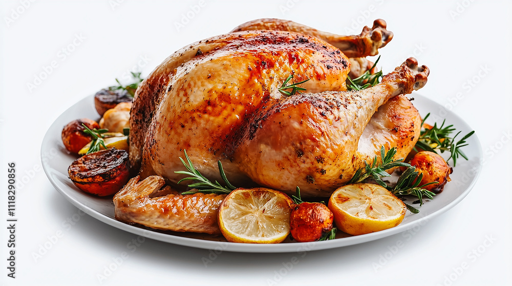 Roasted chicken on a plate with lemon slices, rosemary. Roasted chicken on a plate with lemon slices, rosemary.